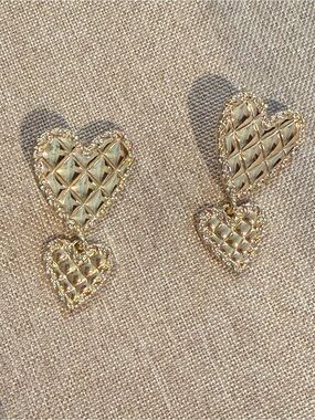 Gold Quilted Double Heart Drop Earrings - Elegant Heart Dangle